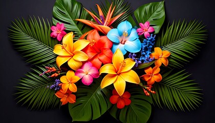 Tropical Flowers Bouquet Dark Background.