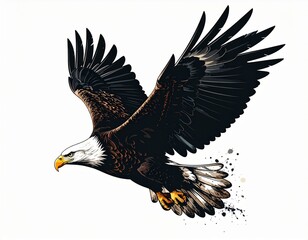 Obraz premium A detailed illustration of an American bald eagle in flight, showcasing intricate linework and a dynamic pose against a stark white background.
