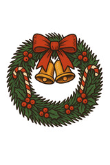 Traditional Christmas Wreath with Pine, Holly, and Red Bow Vector Illustration.