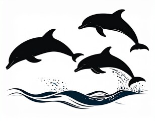 Obraz premium Three playful dolphins leap gracefully above dark ocean waves, showcasing a vibrant silhouette design.