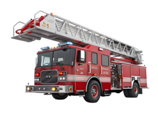Red fire truck with extended ladder against a black background