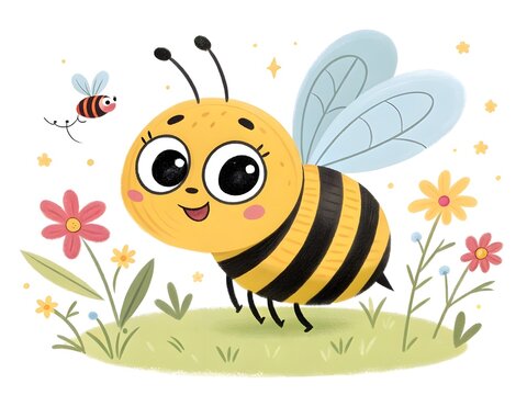 Cute cartoon bee flying in a field of flowers with a happy expression