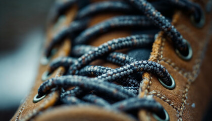 Close-up of a mountaineering boot lace highlighting texture, durability, and ruggedness.
