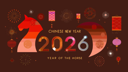Chinese new year 2026 year of the horse celebration with lanterns and fireworks