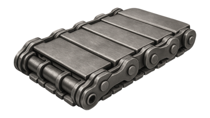 Heavy-duty swarf conveyor belt section with reinforced links for machine shop use.