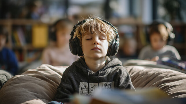 Child wearing headphones in classroom calm down corner.