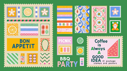 Collection of playful and colorful postage stamps and posters with food and abstract designs
