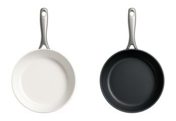 White and black non-stick frying pans side by side.