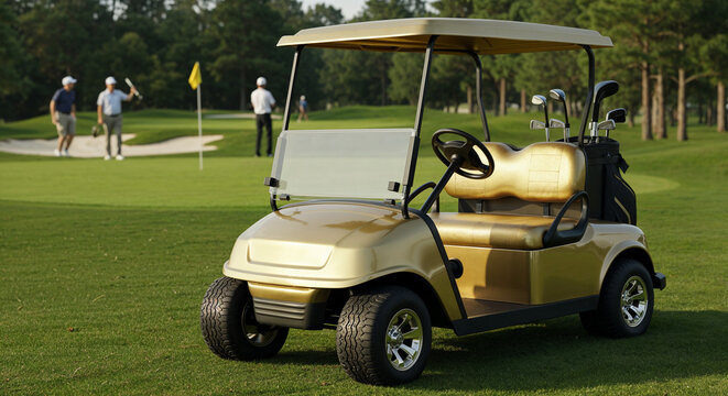 Gold golf cart on a lush course - Powered by Adobe