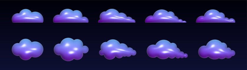 Stormy 3D clouds in blue and purple tones. Playful kids inflatable cloud design.
