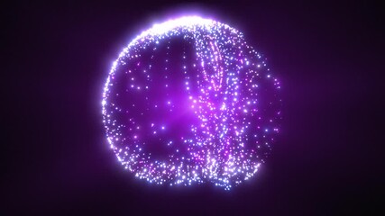 Abstract blue purple color round sphere bright glowing particles energy beams and magic waves of particles and dots abstract futuristic and scientific background design seamless loop - Powered by Adobe
