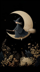 Witch flying on broomstick through the moon on Halloween night