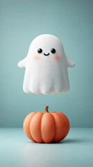 Cute ghost floating over a pumpkin for Halloween celebration