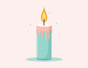 A cheerful, light teal candle with a warm flame and soft pink dripping wax sits against a pastel background.