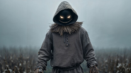 Mysterious Halloween figure stands in foggy cornfield at night