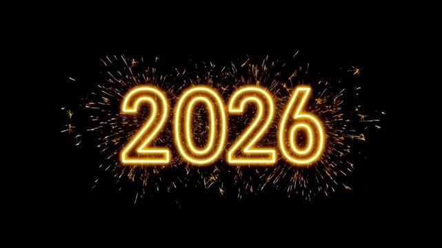 A vibrant festive graphic of the year 2026 outlined in golden neon light, with sparkling particles and fireworks exploding against a black background.


