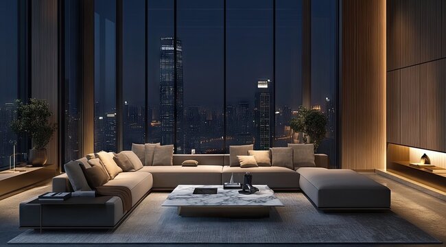 Modern penthouse living room at night with city views