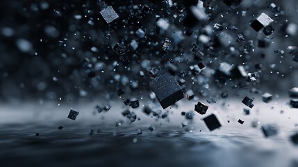 Floating dark cubes suspended in a hazy atmosphere with a reflective surface below
