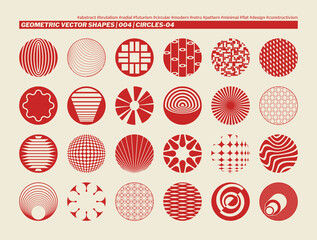 Geometric Vector Shapes Collection: Circles. Minimalist Brutalist design with a variety of red abstract circular shapes, perfect for patterns, backgrounds, and graphic design projects.