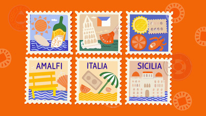 Collection of italian travel stamps featuring iconic landmarks and coastal scenes