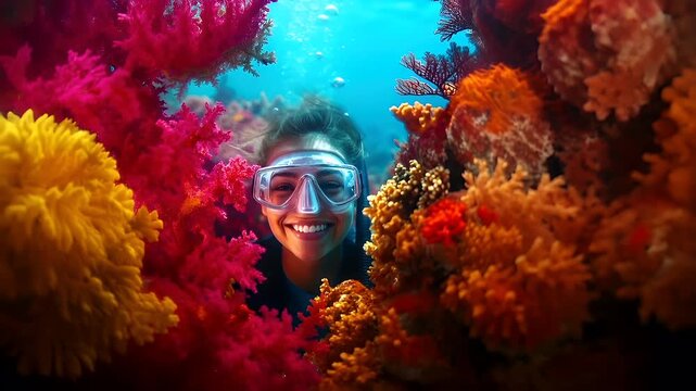 A vivid underwater scene featuring a woman snorkeling amidst a coral reef. The woman is partially submerged in the water, with her face partially obscured by a mask and snorkel.