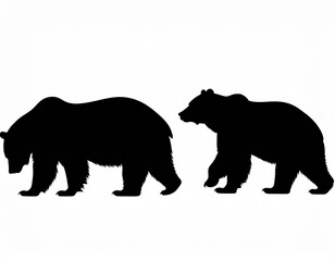 Fototapeta premium Two black bear silhouettes, side profiles, presented against a plain white background.
