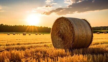 Golden sunset illuminates a hay bale in a harvested field, bathed in warm tones.