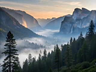 Misty yosemite valley at sunrise with el capitan and half dome