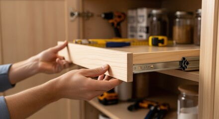 Stepbystep retrofit process of adding pullout shelves inside a wooden pantry cabinet to maximize space efficiency and ease of use.