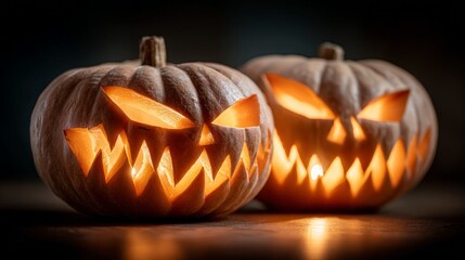 Spooky glowing Halloween pumpkin lanterns with jagged faces create an eerie atmosphere in a dimly lit room