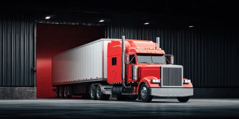 Truck Back Up. Red and White Semi Delivery Truck in Warehouse for Transportation Industry