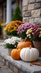 Colorful potted flowers and decorative pumpkins are displayed on a wooden table, showcasing the essence of autumn decor