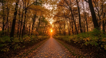 Obraz premium Enchanting golden hour sunlight through an autumnal forest path lined with vibrant trees