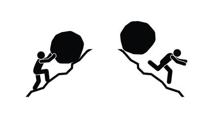 man rolling stone uphill, symbol hard work, sticks figure people icon, isolated human silhouettes, stickman pictogram