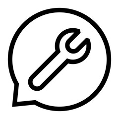 Icono de resolución de problemas. Soporte técnico, reparación, solución de fallas, asistencia personalizada. Globo de diálogo con llave inglesa. Ilustración vectorial