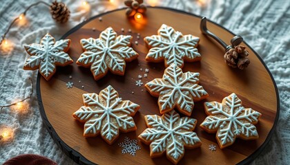 Cozy winter scene with snowflake-shaped sugar cookies on a wooden board, winter theme, sweet