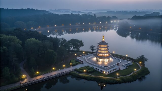 Night drone view of Buddha temple on calm lake, illuminated reflection, serene spiritual landscape
