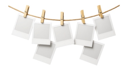 Blank Polaroids hanging on a rope.