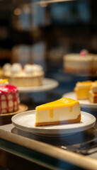 Elegant lemon cheesecake slice showcased in a stylish café display.