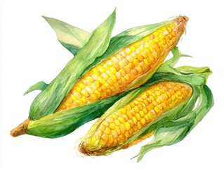 Watercolor Corn. Hand-drawn Maize Cob and Kernel Vegetable Illustration