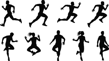 Silhouette Vector Illustration of Runners and Jumpers in Multiple Athletic Action Poses for Sports, Fitness, Exercise, Track, Competition, and Graphic Design Projects