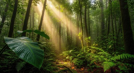 Captivating sunbeams piercing through the dense canopy of a lush, vibrant green forest, creating a magical and serene atmosphere.