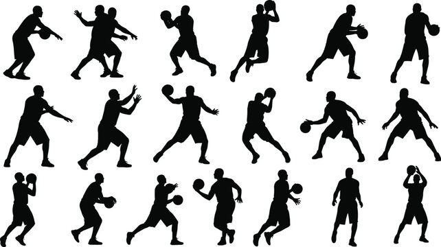 Silhouette Vector Illustration of Basketball Players in Dynamic Action Poses for Sports, Athletic Training, Game Promotion, and Creative Graphic Design Projects