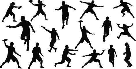 Silhouette Vector Illustration of People Playing Frisbee in Multiple Dynamic Action Poses for Sports, Recreation, Outdoor Activity, and Graphic Design Projects
