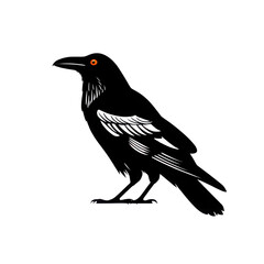 Obraz premium Mysterious Raven with Piercing Orange Eyes Perched in the Shadows A Dark Avian Enigma Unveiled, isolated on transparent background