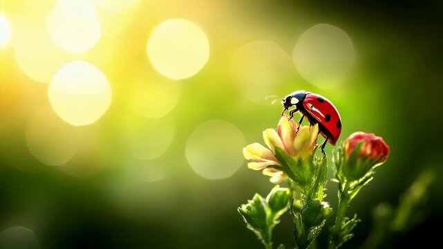 A closeup of a ladybug on a flower, with a bokeh effect in the background. The ladybug is in sharp focus, while the background is slightly blurred, emphasizing the subject. The colors are vibrant.