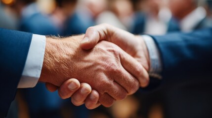 Business professionals engaging in a strategic handshake during a networking event at a corporate venue in an urban setting