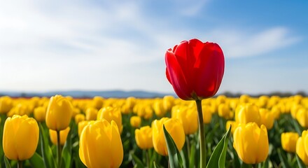 Red Tulip Standing Out in Yellow Tulip Field.