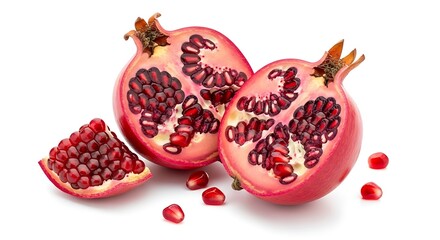 Ripe Pomegranate Halves and Seeds on White Background.