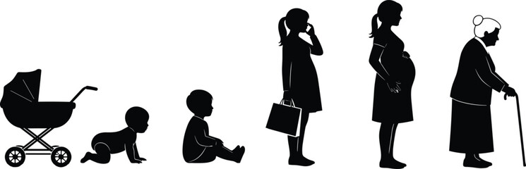 Human Life Stages Silhouette from Infancy to Old Age Vector Illustration for Growth, Development, Aging, Family, Education, and Lifestyle Concepts